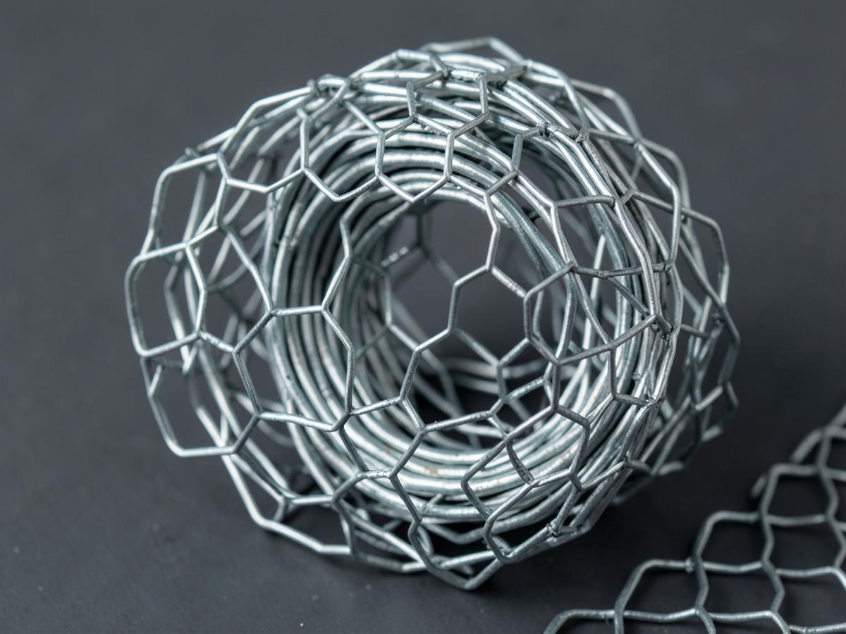 Close-up of a double-twisted hexagonal steel wire mesh roll